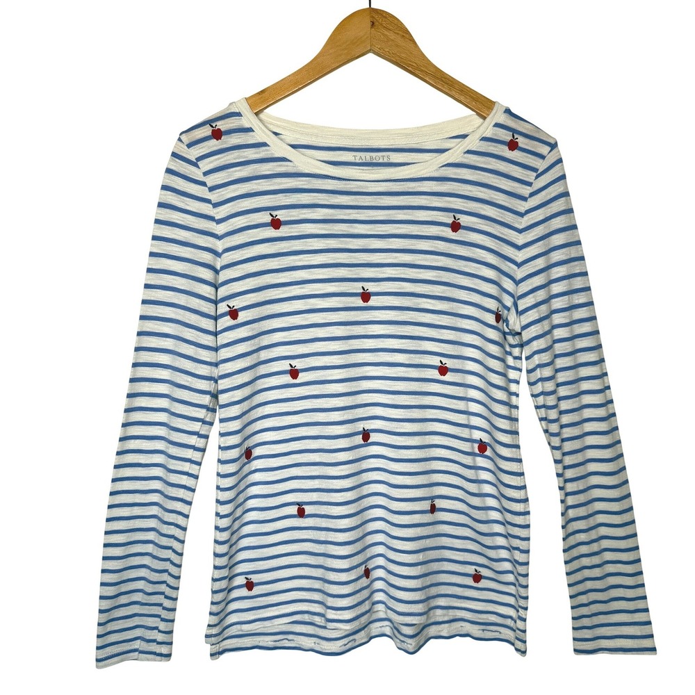 Blue White Striped Apple‎ Embroidered Top Small S Cotton Modal Blend Teacher